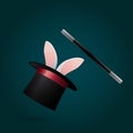 Rabbit in magic hat and wand. Circus performance. Royalty Free Stock Photo