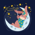 Rabbit magician with magic wand make stars on the sky lying down on the moon. Bunny wizard in witch hat sit on the crescent.