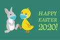 Easter Bunny and Duck wearing face masks and giving foot shake Royalty Free Stock Photo