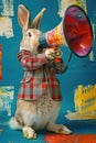 Rabbit with megaphone wearing plaid jacket on a colorful paint-splattered background