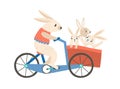 Rabbit mom with kids riding bicycle flat vector illustration. Cute animals family cartoon characters. Adorable mother