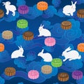 Rabbit moon cake horizontal cloud sky seamless pattern