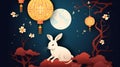 rabbit on the moon Happy mid-autumn festival design with rabbits looking at the full moon and osmanthus bloom, AI generated