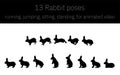 Rabbit movements for animation, running and jumping and standing up, silhouettes Royalty Free Stock Photo