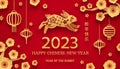 Rabbit new year banner. Chinese oriental culture in beijing 2023, seasons abstract hares zodiac bunny golden gong asian