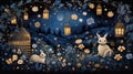 rabbit in the night a garden adorned with blooming flowers rabbits dancing under the moonlight, AI-Generated