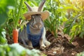 rabbit in overalls and a straw hat in a carrot garden Royalty Free Stock Photo