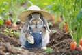 rabbit in overalls and a straw hat in a carrot garden Royalty Free Stock Photo