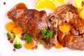 Rabbit pan with vegetables and potato dumplings Royalty Free Stock Photo