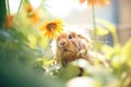 rabbit peeking from behind a flower in a sunny garden