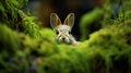 A rabbit peeking out from behind a thick green bush, AI