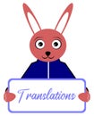 Rabbit with placard, translations, english word, isolated.