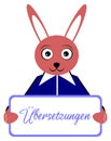 Rabbit with placard, translations, German word, isolated.