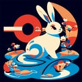 Rabbit in the pond. Vector illustration in a flat style. generative AI