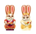 Rabbit prince and cinderella, white in red spots, isolated on white