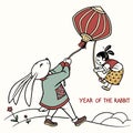 Rabbit pulls lantern with child celebratory graphic for Year of the Rabbit in a whimsical style Royalty Free Stock Photo