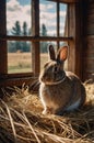 Adorable Brown Rabbit Relaxing in Hay-Filled Wooden Hutch near Window Royalty Free Stock Photo