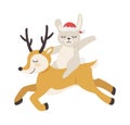 A rabbit rides a deer. New Year and Christmas. Vector illustration with a cute rabbit.