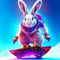 Rabbit rides a skateboard on a snowboard. 3d rendering AI generated Royalty Free Stock Photo