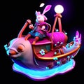 rabbit riding on a toy boat, 3d digitally rendered illustration Generative AI