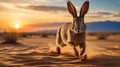 Desert Hare Running at Sunset: Majestic Wildlife Scene Royalty Free Stock Photo