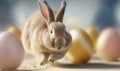 a rabbit running between two eggs in the sand with one bunny running towards the camera and the other bunny running towards the Royalty Free Stock Photo