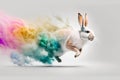Rabbit runs fast in the colourful cloud of smoke or dust. Easter is coming. Generative ai
