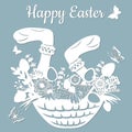 Rabbit`s paws, basket, butterfly, dandelion, grass, leaves, flowers, chamomile, egg. Vector illustration. Easter eggs for Easter