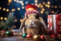 rabbit a Santa hat with gift box merry christmas Royalty Free Stock Photo