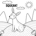 Rabbit saying squeak black and white print. Cute farm character on a green pasture making a sound