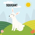 Rabbit Saying Squeak Print. Cute Farm Character On A Green Pasture Making A Sound
