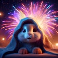 Rabbit scared of fireworks cartoon Royalty Free Stock Photo