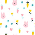 Rabbit seamless pattern. Cute character with wildflowers and carrot. Baby cartoon vector in simple hand-drawn