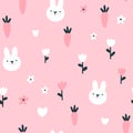 Rabbit seamless pattern. Cute character with wildflowers and carrot. Baby cartoon vector in simple hand-drawn