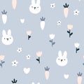 Rabbit seamless pattern. Cute character with wildflowers and carrot. Baby cartoon vector in simple hand-drawn