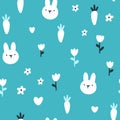 Rabbit seamless pattern. Cute character with wildflowers and carrot. Baby cartoon vector in simple hand-drawn