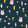 Rabbit seamless pattern. Cute character with wildflowers and carrot. Baby cartoon vector in simple hand-drawn