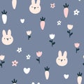 Rabbit seamless pattern. Cute character with wildflowers and carrot. Baby cartoon vector in simple hand-drawn