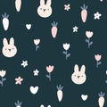 Rabbit seamless pattern. Cute character with wildflowers and carrot. Baby cartoon vector in simple hand-drawn