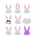 Rabbit set emoji avatar. sad and angry face. guilty and sleeping