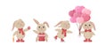 Rabbit Seth. Cute rabbit in cartoon style. A hare in various poses. A rabbit with a Christmas tree toy, with a box of