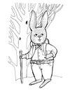 The rabbit in a shirt and jeans stands near the tree and looks