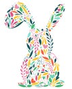 Rabbit silhouette with colored patterns, flowers, leaves, swirls inside, cute vector element in a flat style Royalty Free Stock Photo