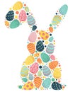 Rabbit silhouette filled with easter eggs and colored confetti circles, cute vector illustration for card, invitation, souvenir, Royalty Free Stock Photo