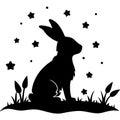 Rabbit Silhouette Under Starry Night Sky Vector for Tattoo and Coloring Book Design Royalty Free Stock Photo
