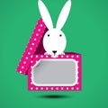 Rabbit sits in box for gift with sticker for your text