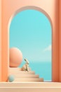 A rabbit sits in front of an archway with a blue sky, AI