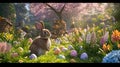 A rabbit sits in a garden among flowers and Easter eggs. Generated AI