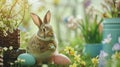 A rabbit sits in the garden next to a bed of flowers. Generated AI