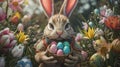 A rabbit sits near the flowers holding a basket of eggs. Generated AI